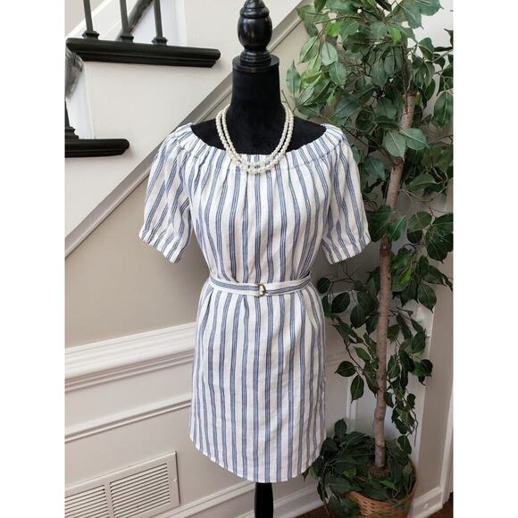 Michael Kors Women's White Striped Linen Off Shoulder Short Sleeve Mini Dress S - Picture 1 of 13